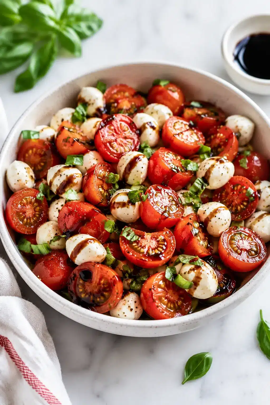 Fresh Caprese Salad with cherry tomatoes, mozzarella, basil, and balsamic glaze