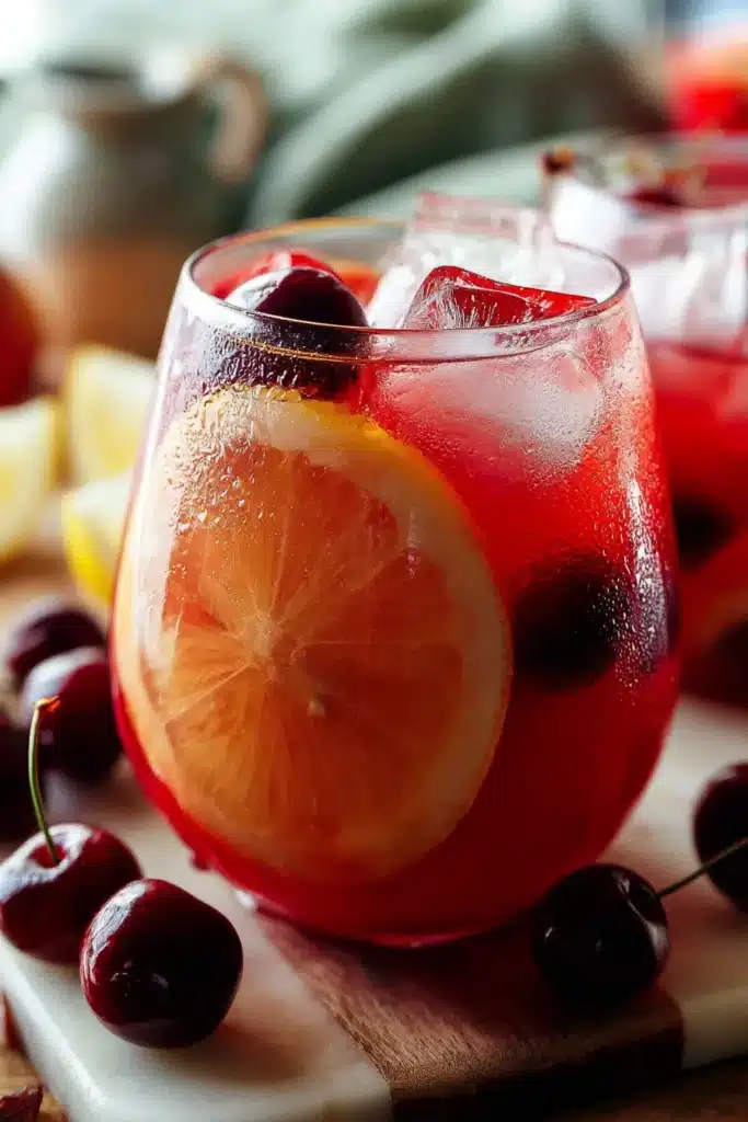 Fresh Cherry Lemonade Recipe | Amazing Summer Favorite 6 Fresh Cherry Lemonade Recipe with lemon slices, cherries, and ice in a chilled glass