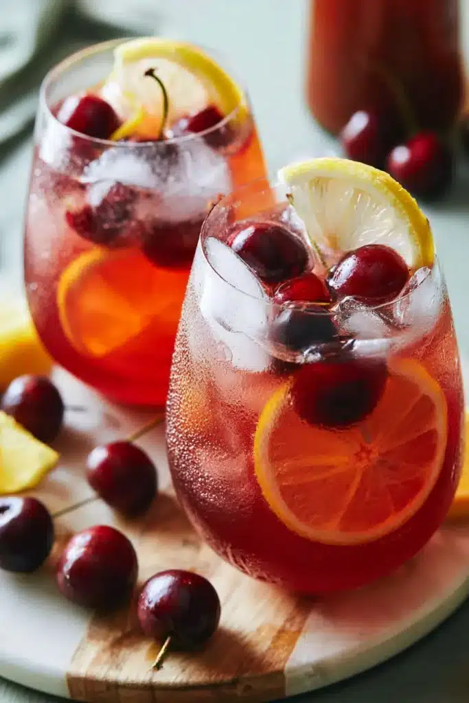 Fresh cherry lemonade with ice, lemon slices, and cherries in glasses