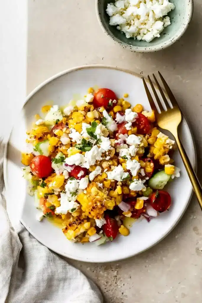 Fresh Corn Salad served with grilled corn, feta, tomatoes, and cucumber