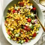 Fresh Corn Salad with grilled corn, tomatoes, cucumber, red onion, and parsley
