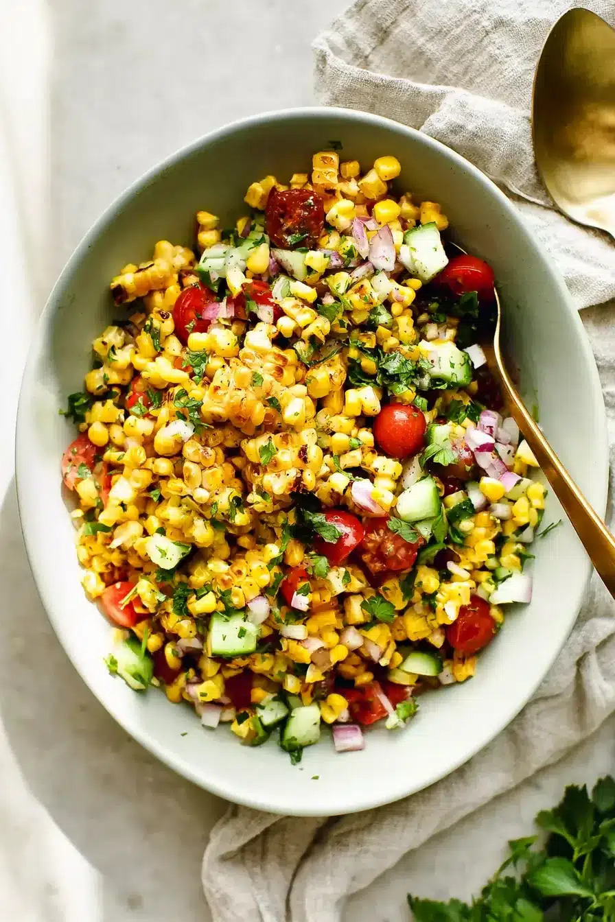 Fresh Corn Salad with grilled corn, tomatoes, cucumber, red onion, and parsley