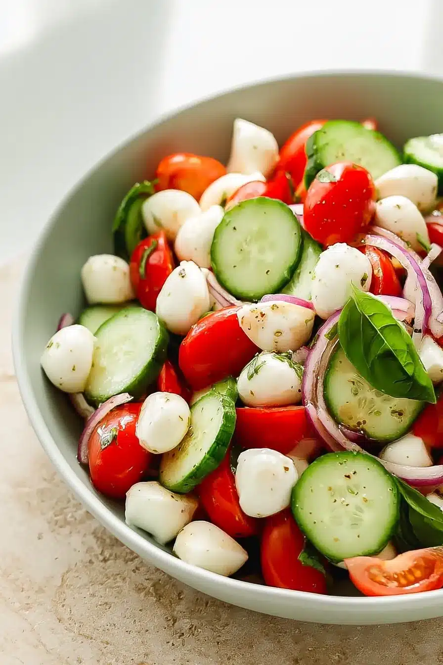Fresh Cucumber Caprese Salad with mozzarella, cherry tomatoes, cucumber, and basil in a serving bowl