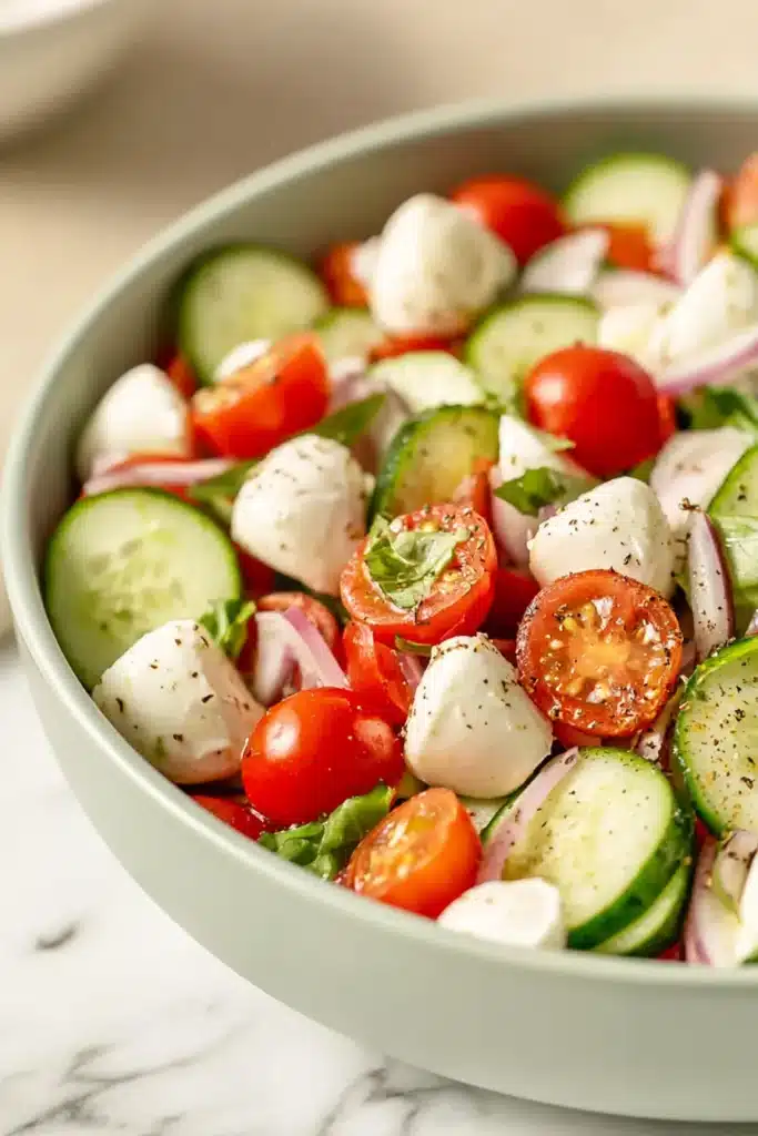 Fresh Cucumber Caprese Salad Easy Amazing Summer Recipe 6 Fresh Cucumber Caprese Salad with mozzarella, cucumber, cherry tomatoes, and basil
