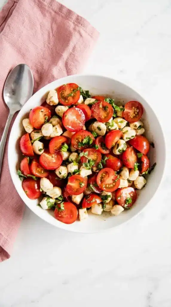 Fresh Caprese Salad tossed with cherry tomatoes, mozzarella, basil, and olive oil