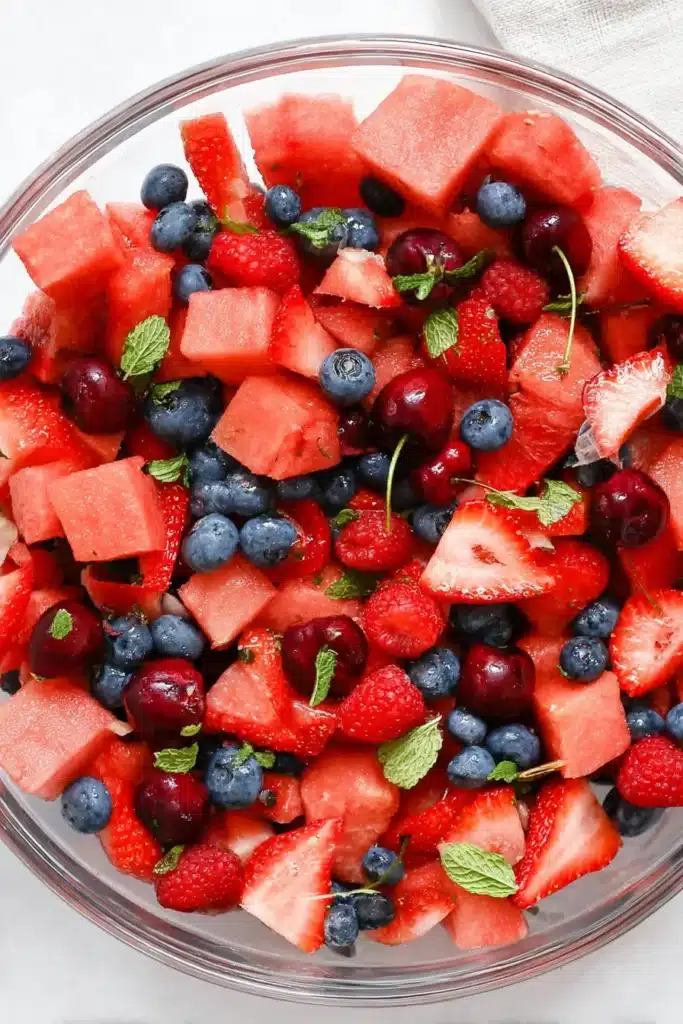 Fresh Watermelon Fruit Salad | Amazing Easy Summer Favorite 7 Fresh Watermelon Fruit Salad with strawberries, blueberries, cherries, raspberries, and mint