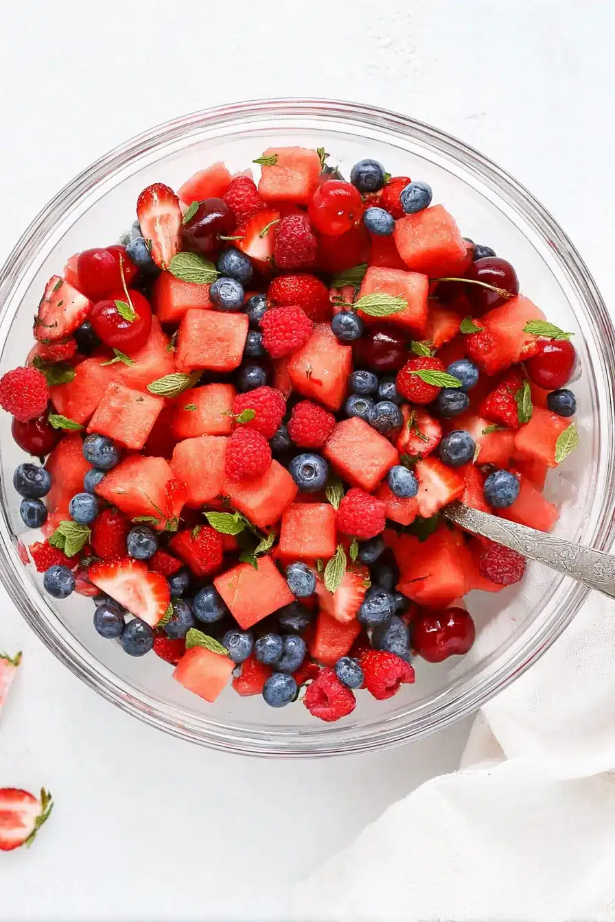 Fresh watermelon fruit salad with berries, cherries, blueberries, and mint in a serving bowl
