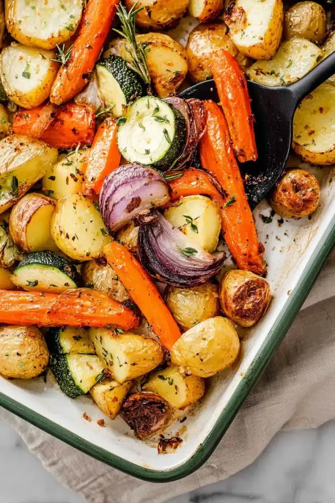 Garlic Herb Roasted Potatoes: Amazing Easy Dinner Side 6 Garlic Herb Roasted Potatoes fresh from the oven with roasted vegetables