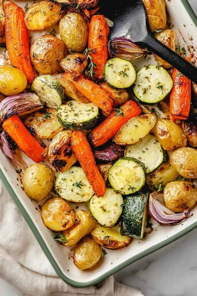 Garlic Herb Roasted Potatoes: Amazing Easy Dinner Side 5 Garlic Herb Roasted Potatoes roasting with zucchini carrots and onions