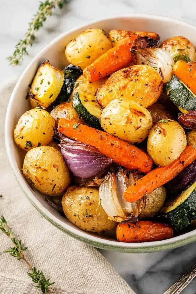 Garlic Herb Roasted Potatoes with carrots zucchini and red onions