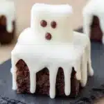 Ghost brownies with marshmallow ghosts on fudgy chocolate brownies for Halloween