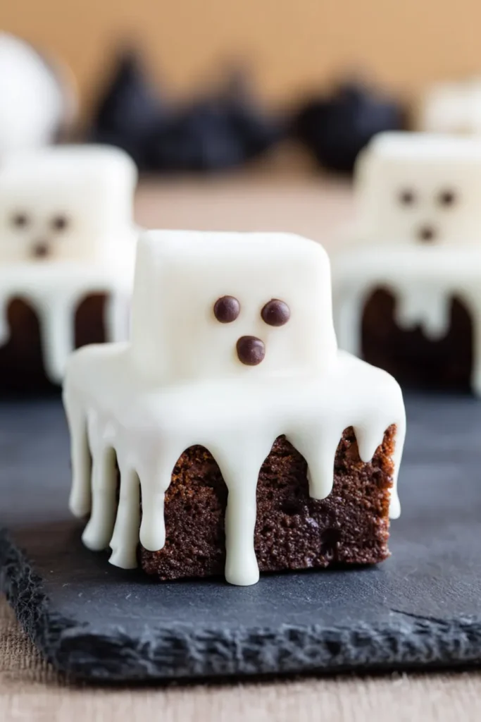 Ghost Brownies Halloween Brownies Recipe with marshmallow ghost on fudgy brownie