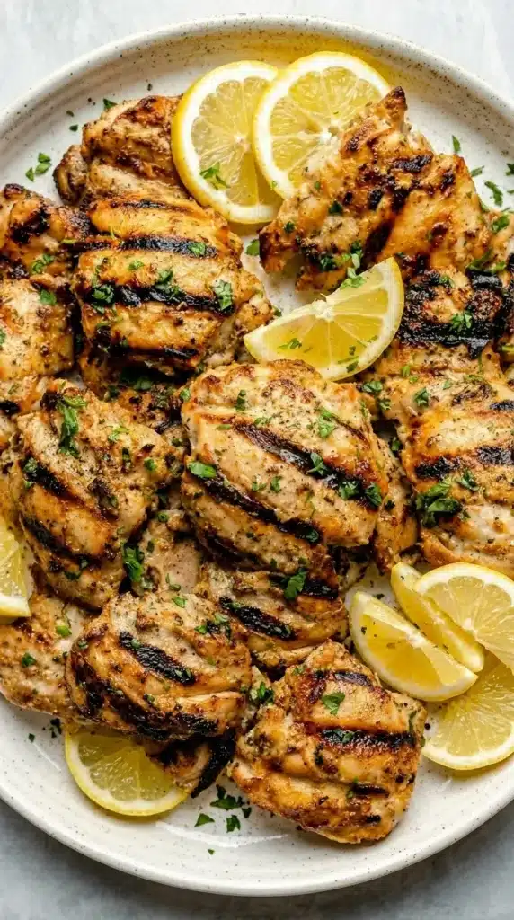 Grilled chicken made with 5-Minute Bright & Punchy Greek Marinade and fresh lemon