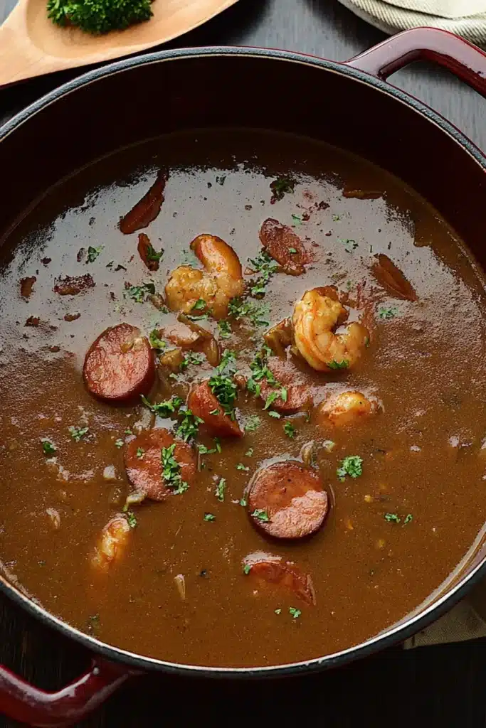Gumbo simmering in a Dutch oven with shrimp and sausage