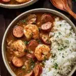 Shrimp and sausage gumbo served over white rice in a rustic bowl with fresh parsley garnish