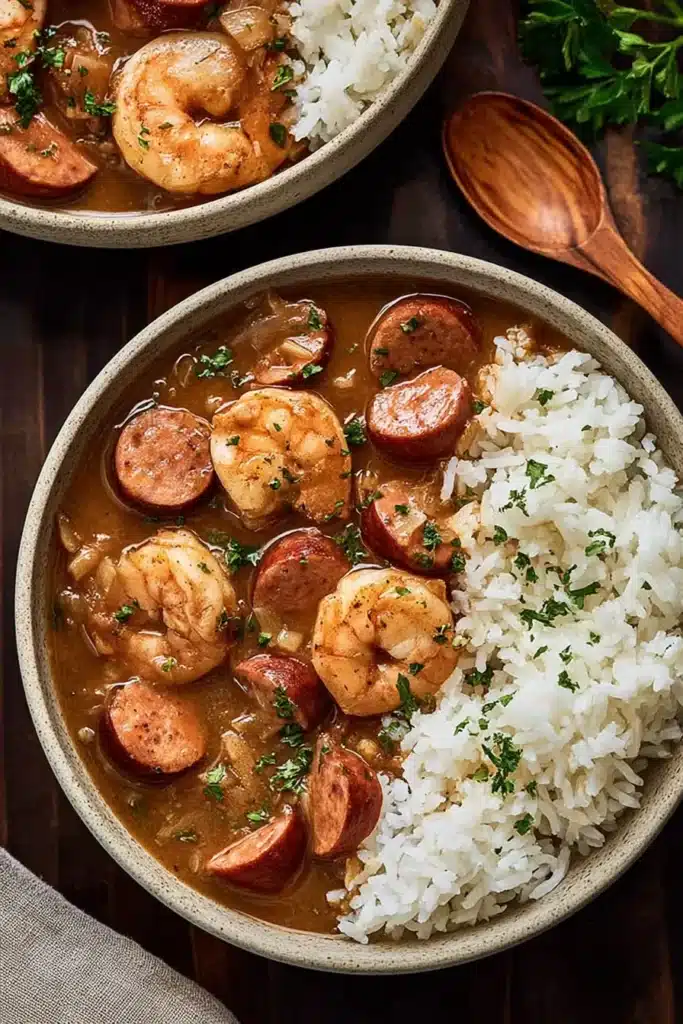 Shrimp and sausage gumbo served over white rice in a rustic bowl with fresh parsley garnish