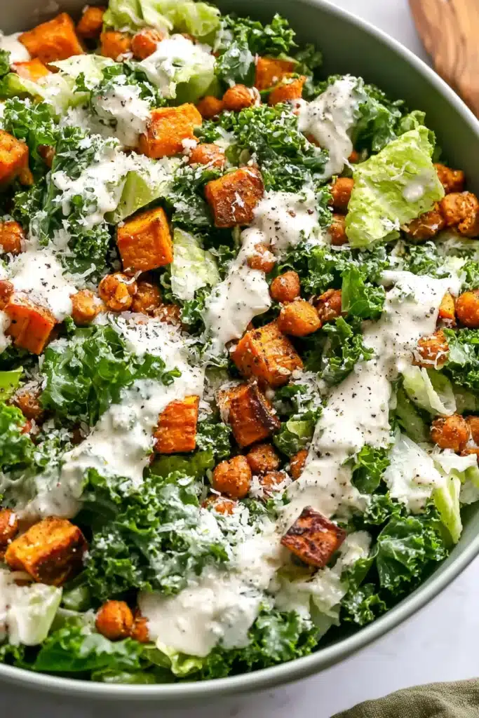Healthy Kale Caesar Salad with roasted sweet potatoes, crispy chickpeas, avocado, and creamy Caesar dressing