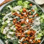 Healthy Kale Caesar Salad with roasted sweet potatoes, crispy chickpeas, avocado, and creamy Caesar dressing
