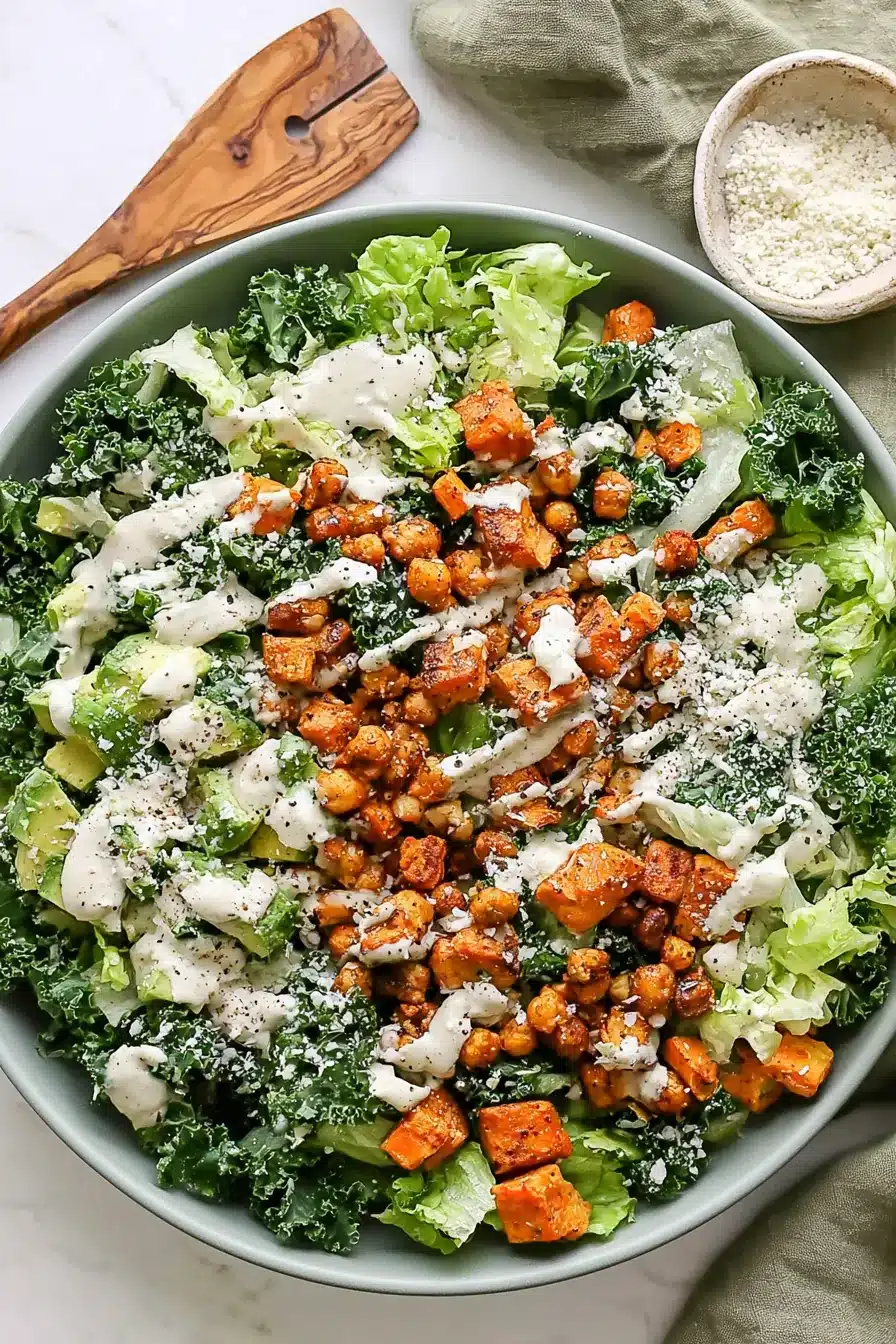 Healthy Kale Caesar Salad with roasted sweet potatoes, crispy chickpeas, avocado, and creamy Caesar dressing