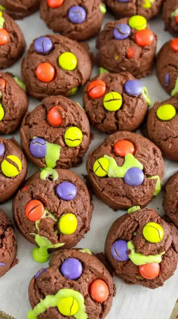 Hocus Pocus Halloween Cookies with gooey green frosting and Halloween candy
