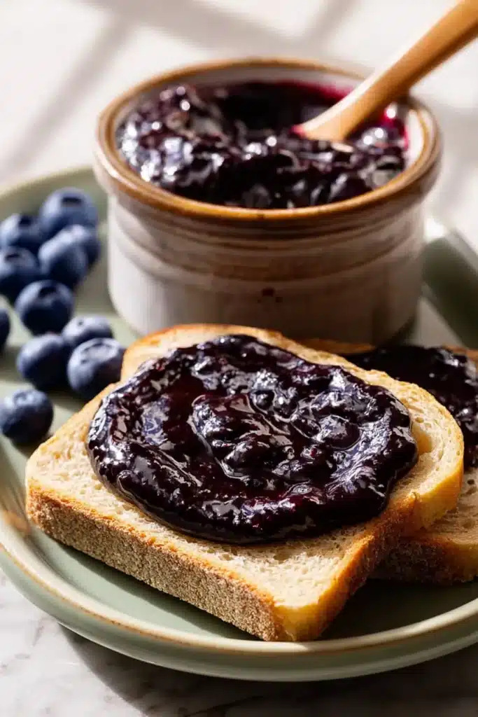 Blueberry Butter Recipe: Amazing Easy Breakfast Spread 8 Blueberry Butter in a jar with spoon and toast