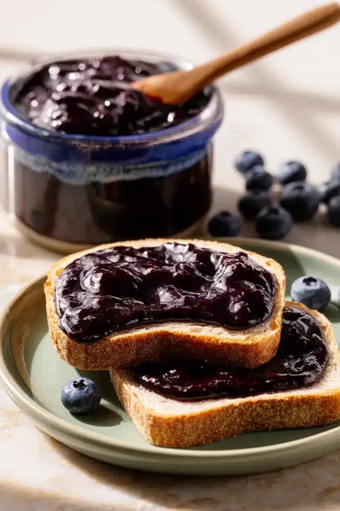 Blueberry butter spread on toast beside a jar of homemade blueberry fruit butter