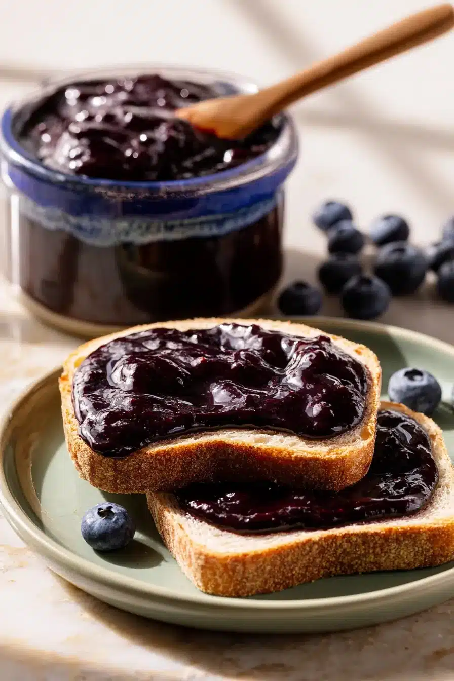 Blueberry butter spread on toast beside a jar of homemade blueberry fruit butter