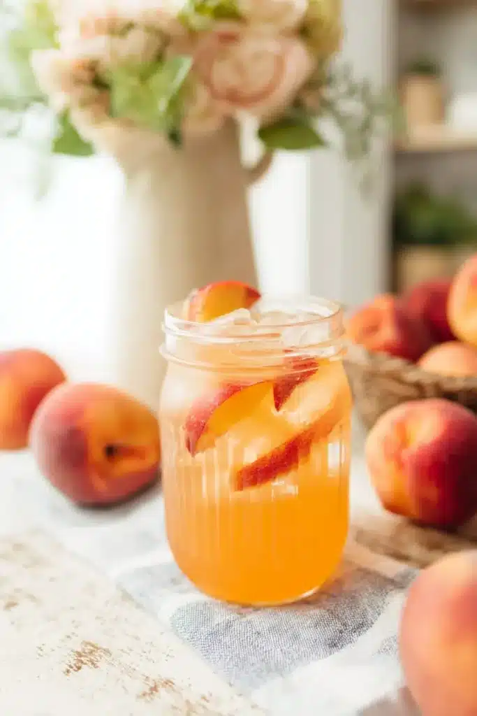 Homemade Peach Lemonade with fresh peach slices and ice in a glass