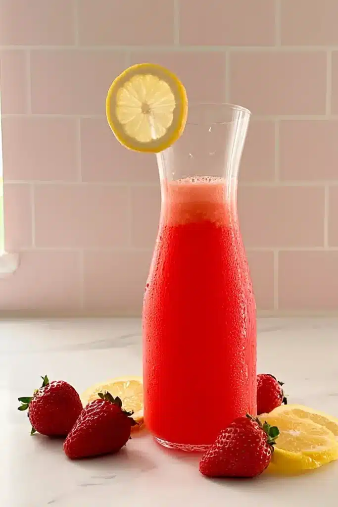Homemade Strawberry Pink Lemonade for Summer 5 Homemade Strawberry Pink Lemonade in a glass carafe with strawberries and lemons