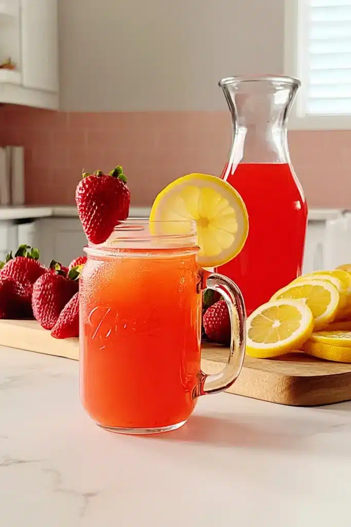 Homemade Strawberry Pink Lemonade for Summer 6 Homemade Strawberry Pink Lemonade served in a mason jar with strawberries and lemons
