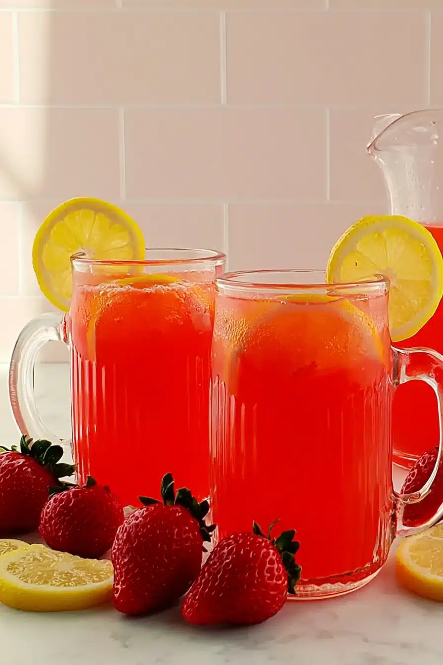 Homemade Strawberry Pink Lemonade with fresh strawberries and lemon slices