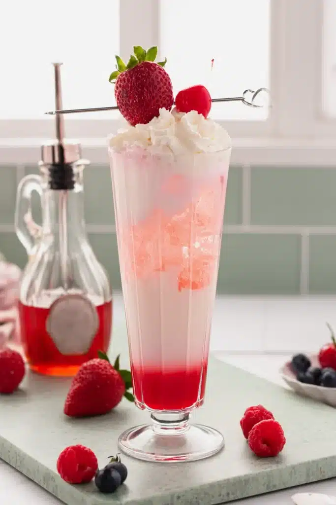 Italian Cream Soda Recipe | Amazing Easy Summer Treat 5 Italian Cream Soda with whipped cream strawberry and cherry garnish