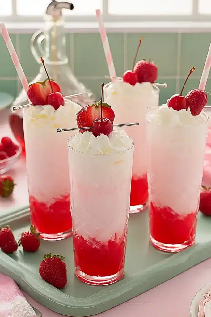 Italian Cream Soda Recipe | Amazing Easy Summer Treat 6 Italian Cream Soda drinks with whipped cream strawberries and cherries on a serving tray