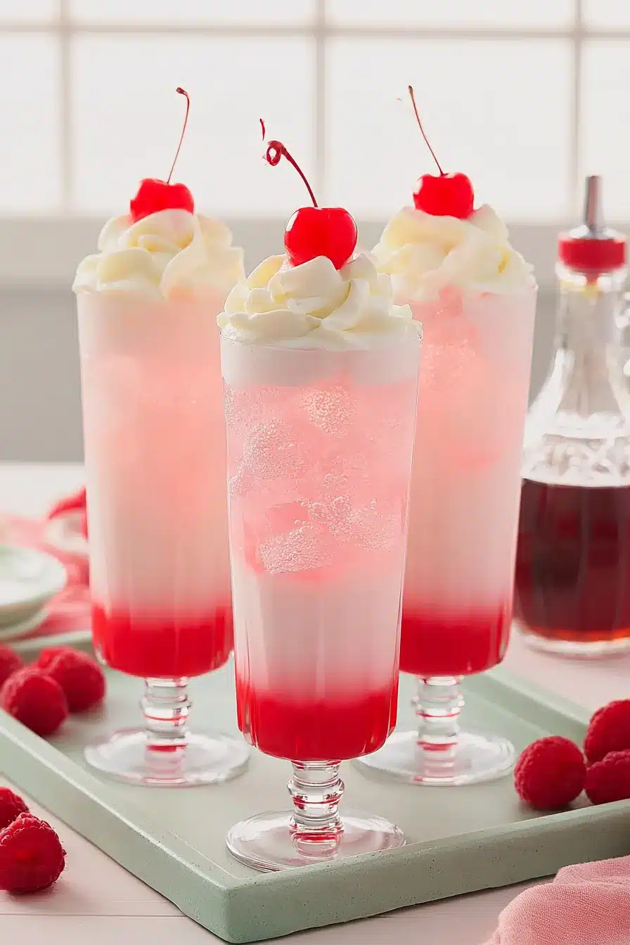Italian Cream Soda with whipped cream, cherries, and pink syrup in tall glasses