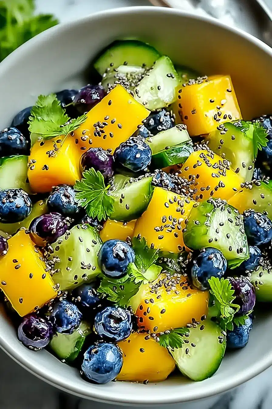 Juicy Mango Cucumber Salad with blueberries, cucumber, avocado, and fresh herbs
