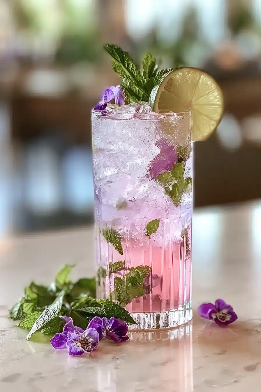Lavender Mojito Mocktail with mint, lime, crushed ice, and sparkling floral flavors
