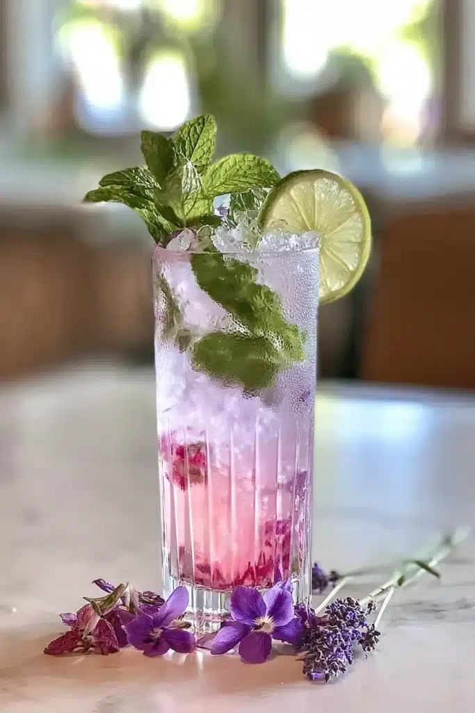 Lavender Mojito Mocktail with fresh mint, lime, crushed ice, and floral lavender flavor