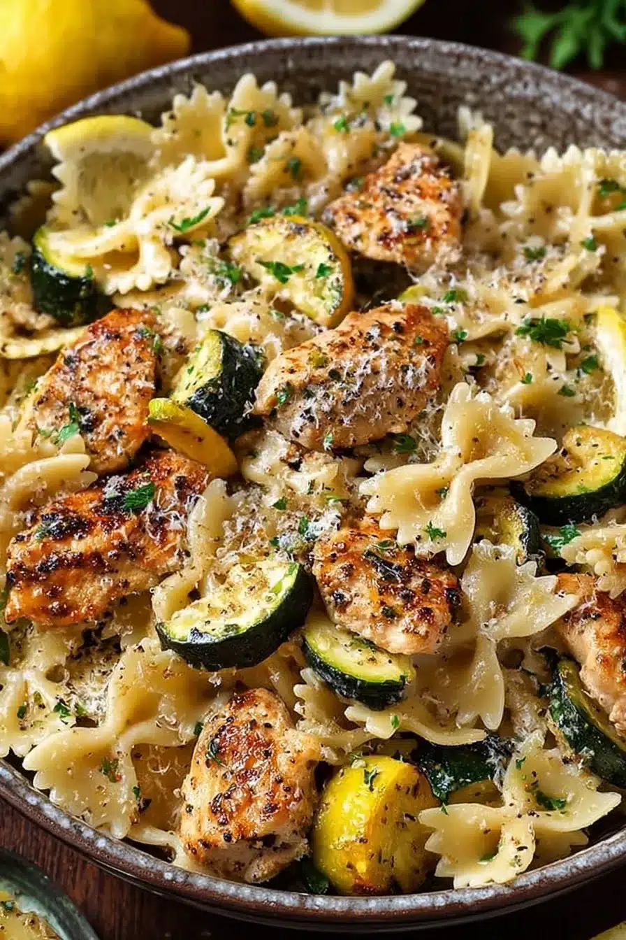 Lemon chicken pasta with zucchini, parmesan cheese, and fresh lemon in a rustic bowl