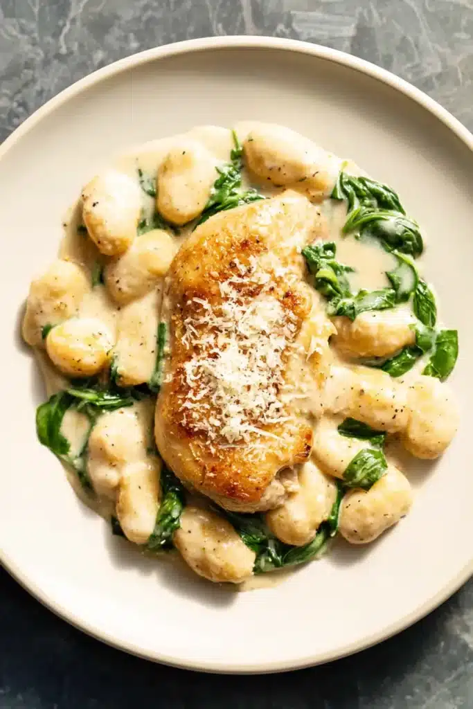 Lemon Parm Chicken Recipe | Amazing Easy One Pan Dinner 5 Close-up of Lemon Parm Chicken with creamy sauce, gnocchi, spinach, and lemon