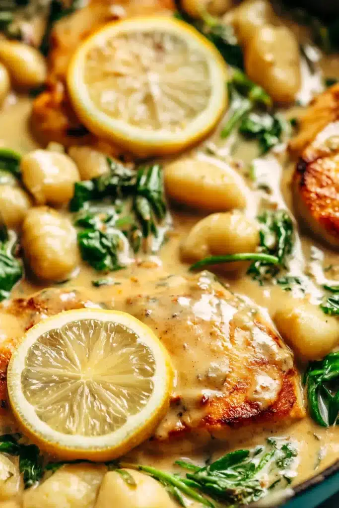 Lemon Parm Chicken Recipe | Amazing Easy One Pan Dinner 6 Lemon Parm Chicken served with creamy gnocchi and spinach on a plate