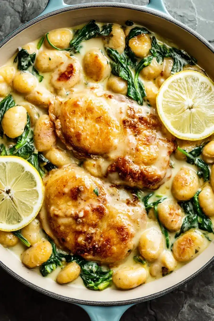 Creamy Lemon Parm Chicken with gnocchi, spinach, and lemon slices