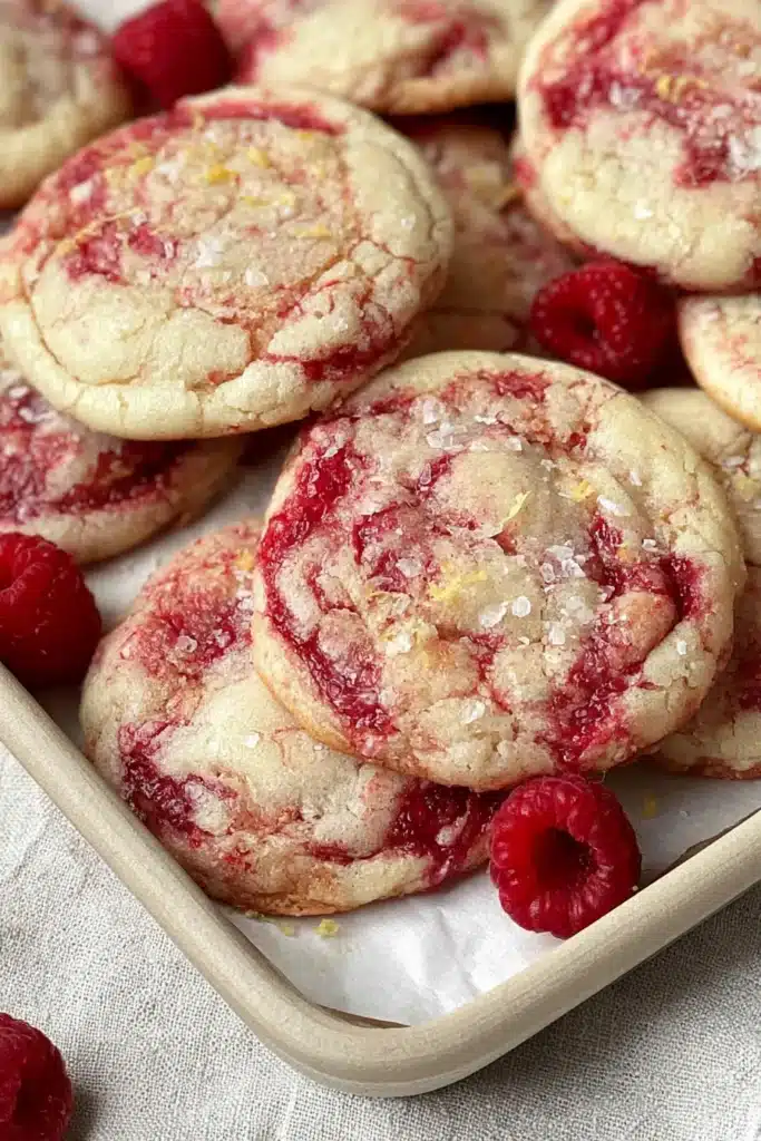 Soft chewy lemon raspberry cookies with flaky sea salt on a baking tray