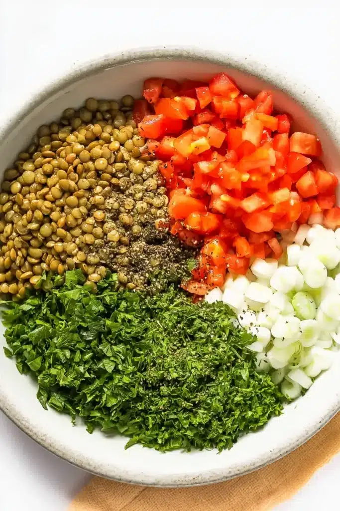 Lentil Tabbouleh ingredients arranged in a bowl before mixing