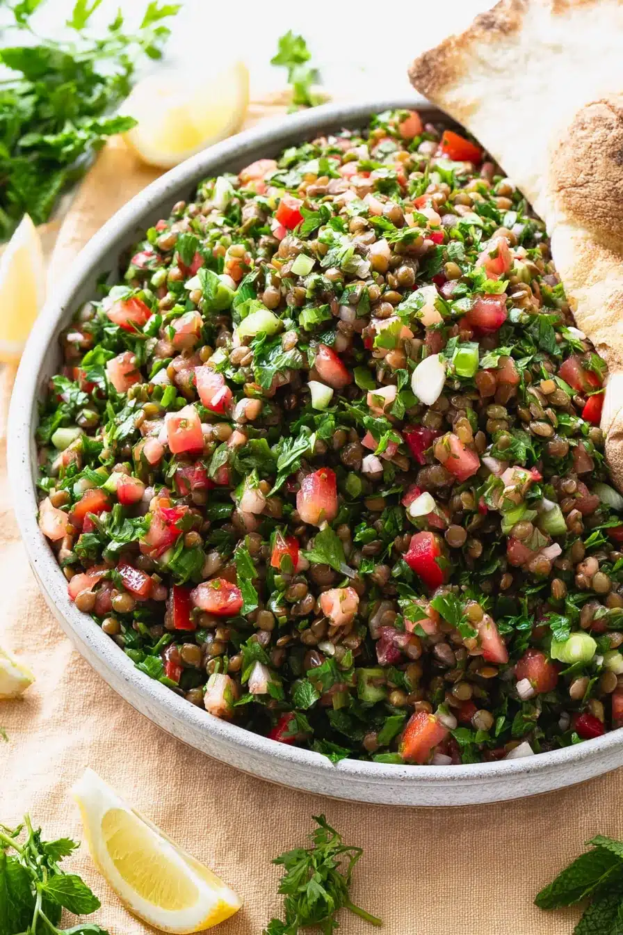 home 6 Lentil tabbouleh salad with parsley, tomatoes, lentils, and lemon