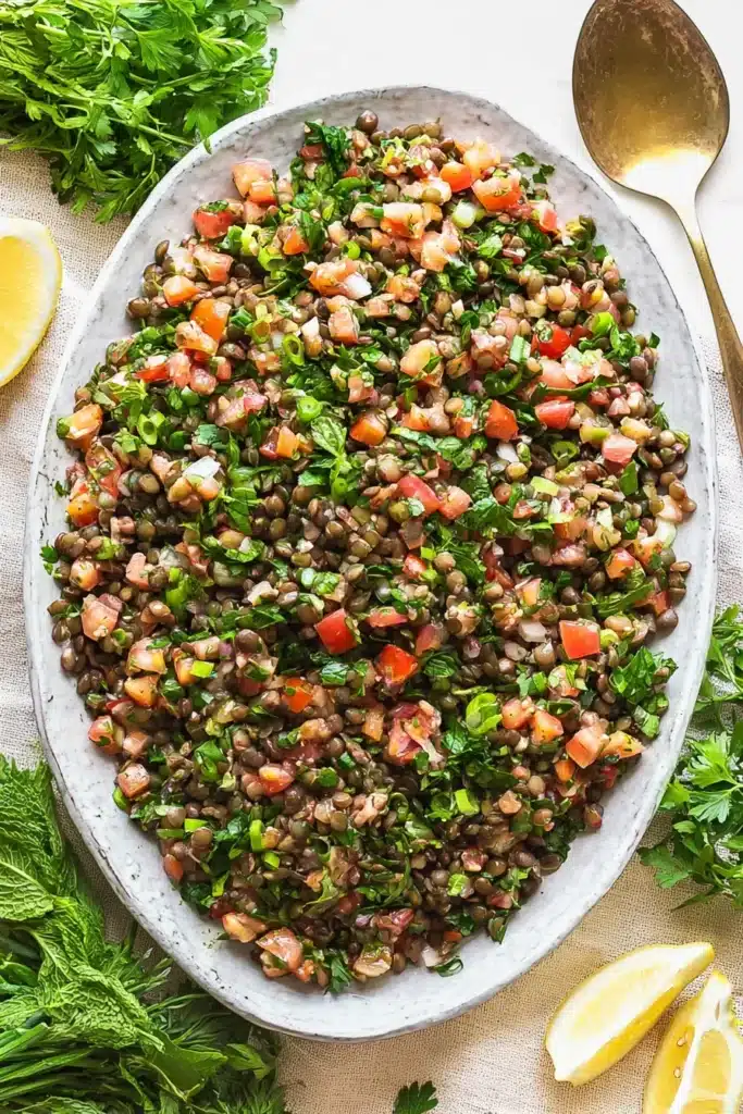 Fresh Lentil Tabbouleh salad served with tomatoes, herbs, and lemon