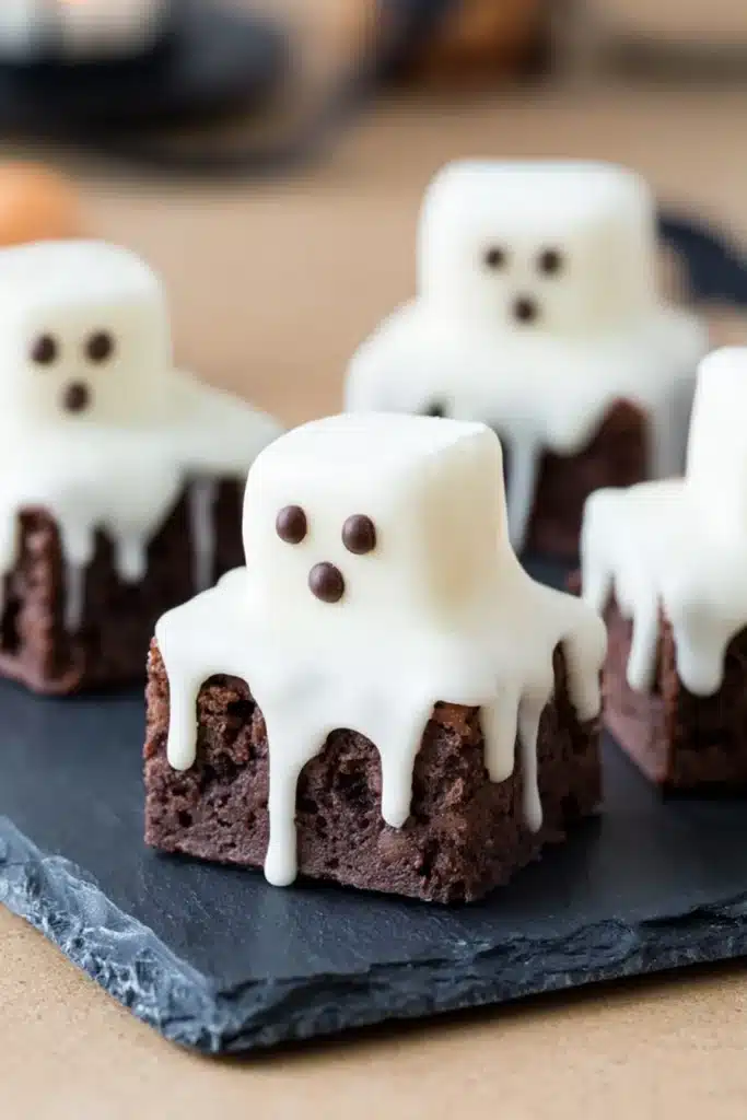 Making Ghost Brownies with marshmallow ghosts on chocolate brownies
