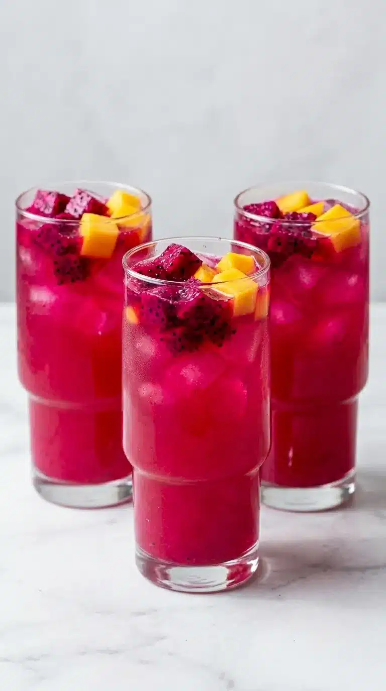 Mango Dragon Fruit Refresher poured over ice with dragon fruit pieces