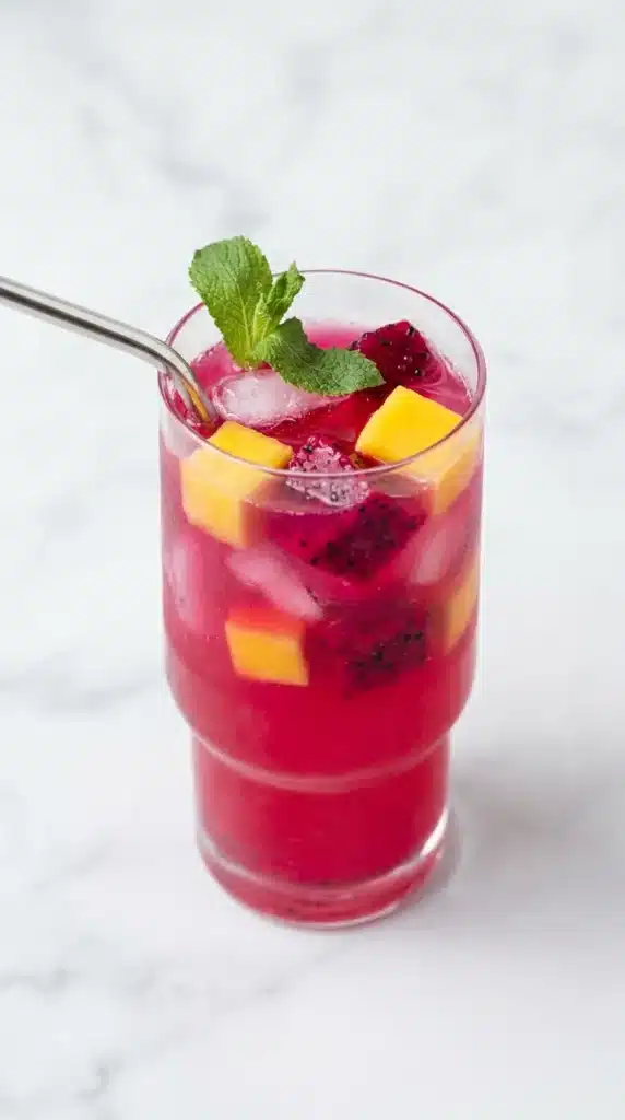 Mango Dragon Fruit Refresher with mango cubes, dragon fruit, mint, and ice
