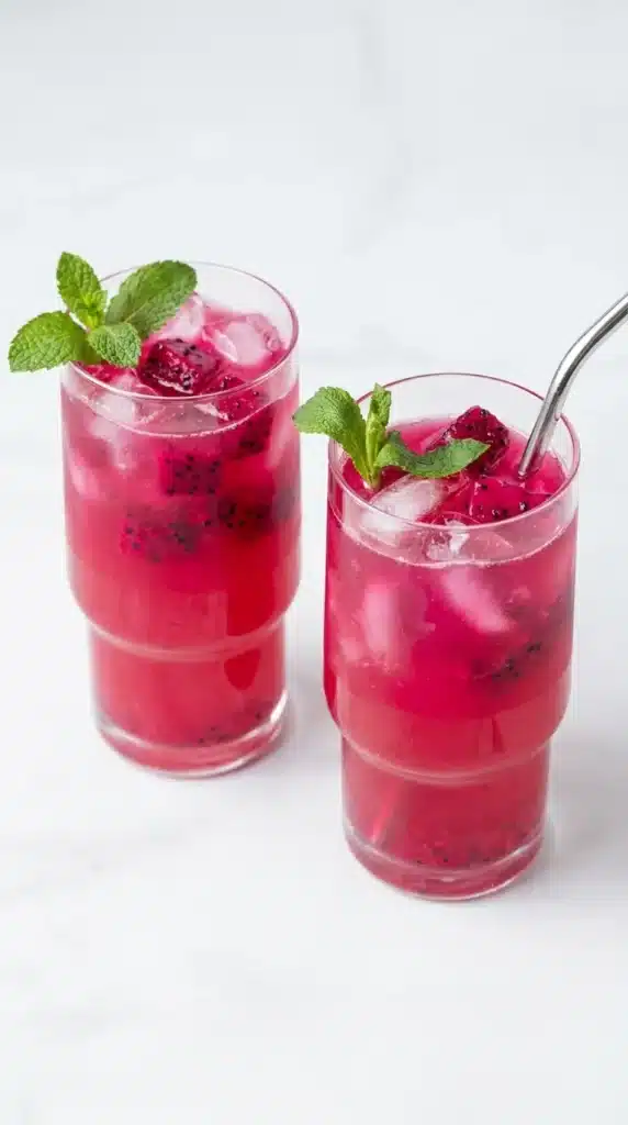 Mango Dragon Fruit Refresher with ice, dragon fruit, and mint
