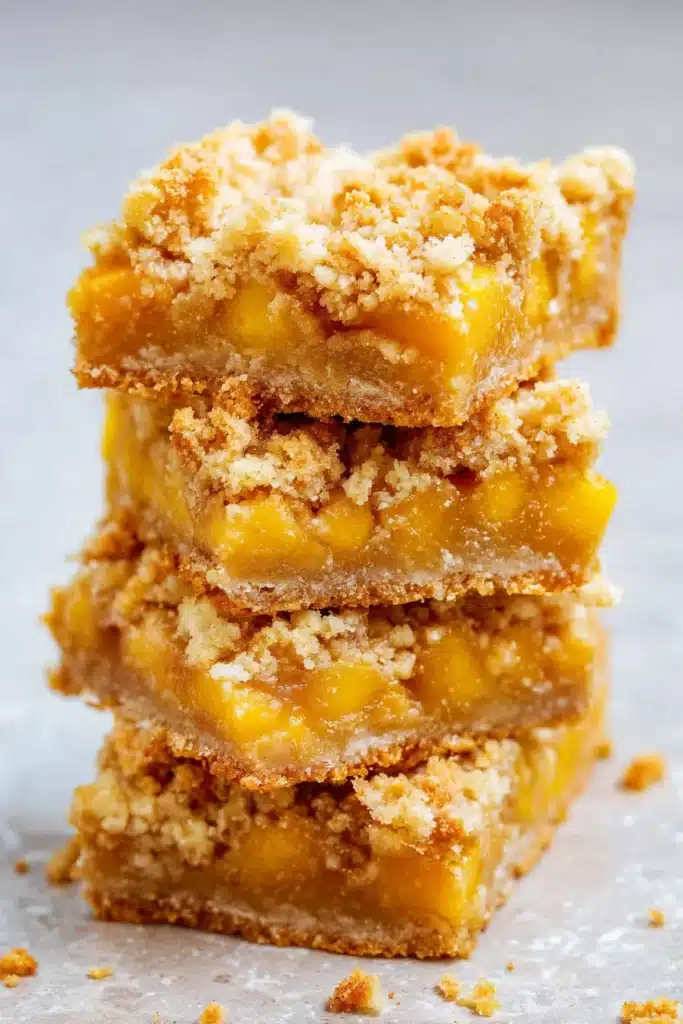 Stacked Mango Oatmeal Crumble Bars with juicy mango filling and buttery oat crumble
